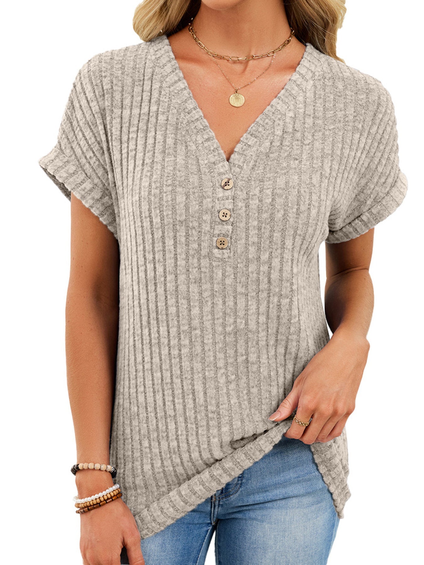 V Neck Ribbed Knit T Shirt