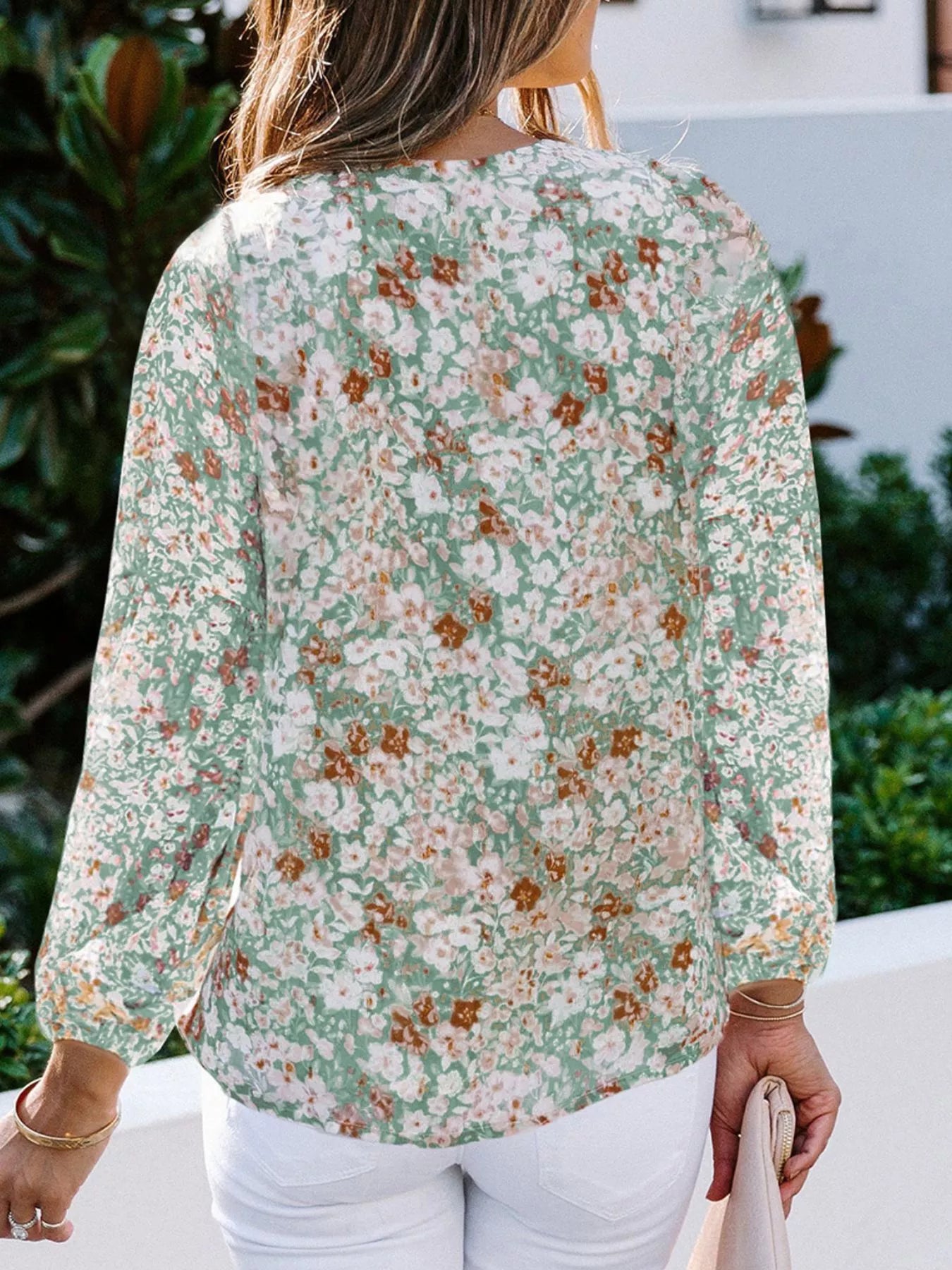 Full Size Floral Print V Neck Long Sleeve Blouse