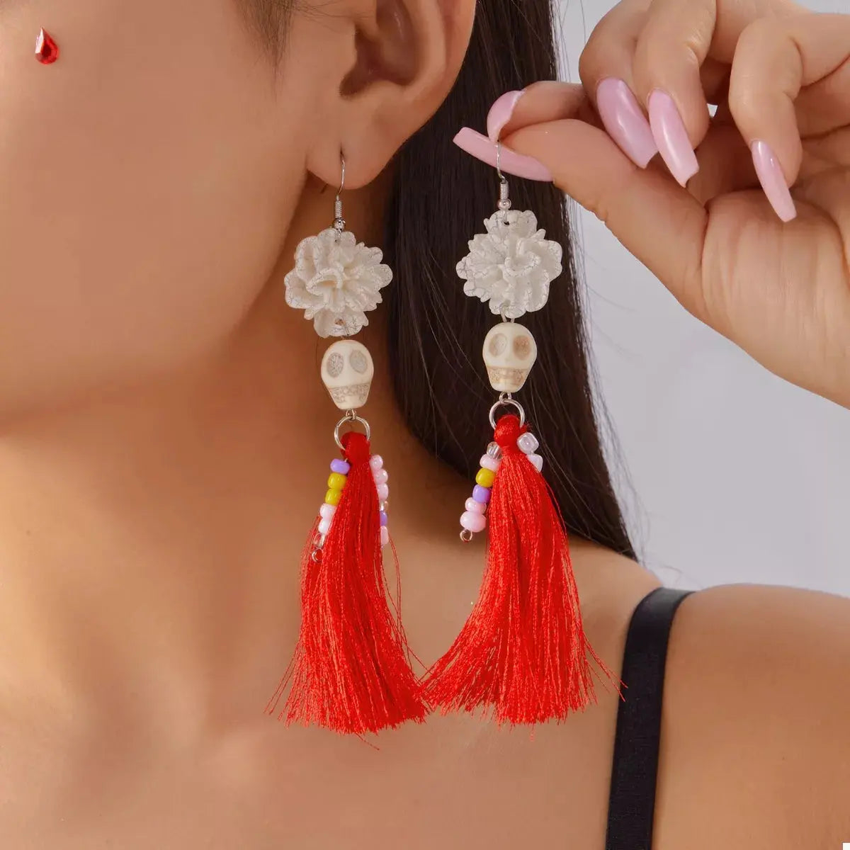 Sugar Skull Tassel Halloween Drop Earrings