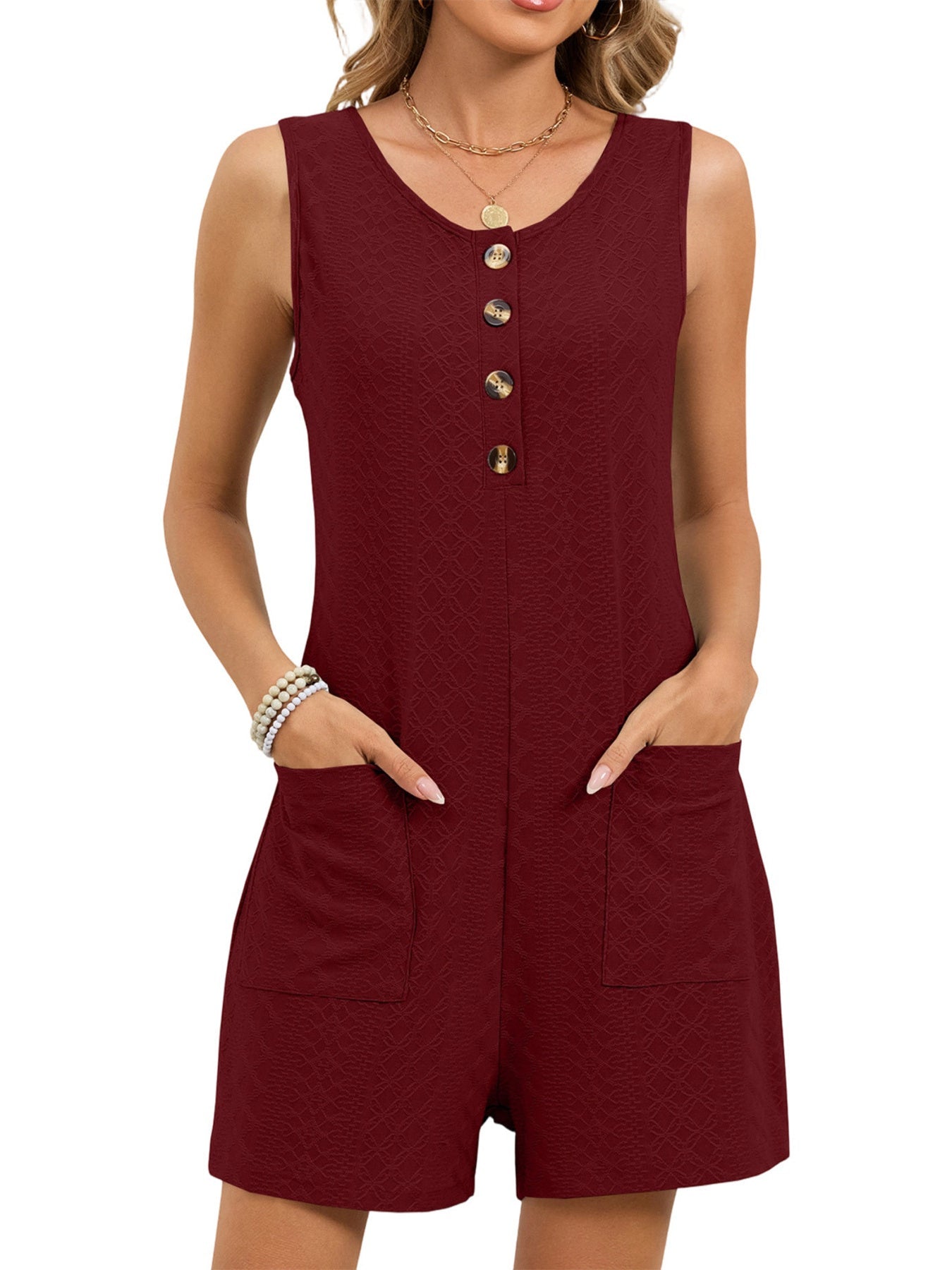 Textured Button Front Sleeveless Romper