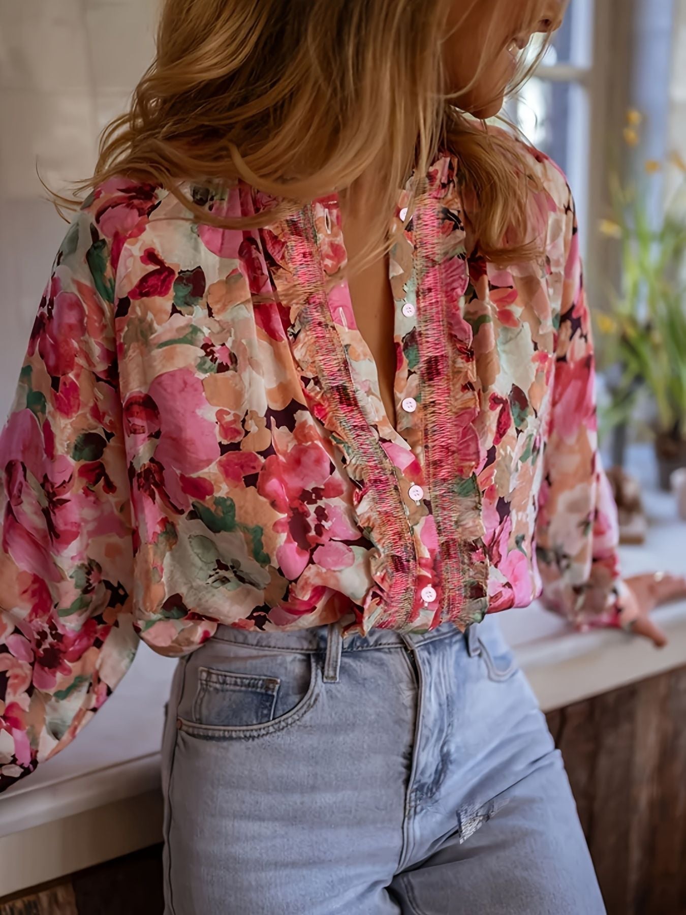 Women's Floral Print Frill Trim Shirt
