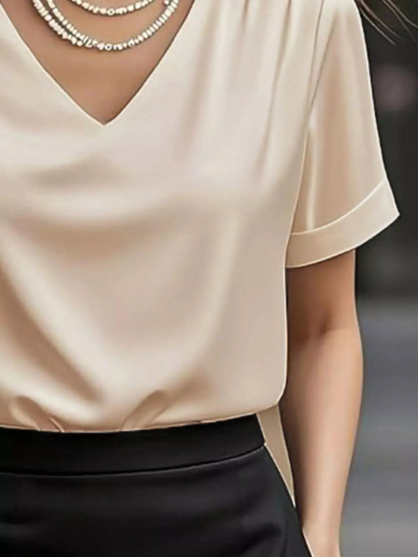 V-Neck Short Sleeve Satin Blouse