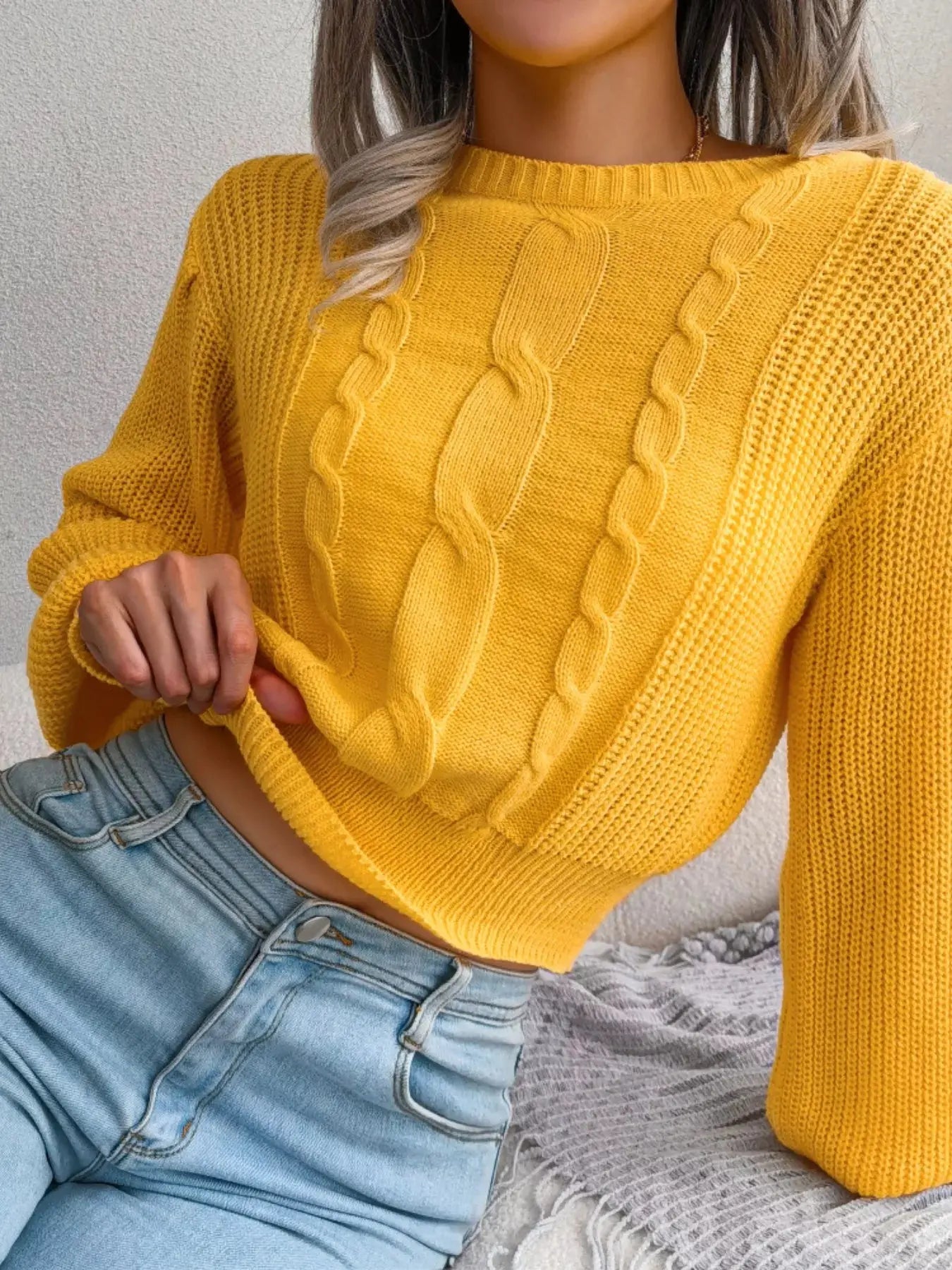 Cable Knit Crew Neck Cropped Sweater
