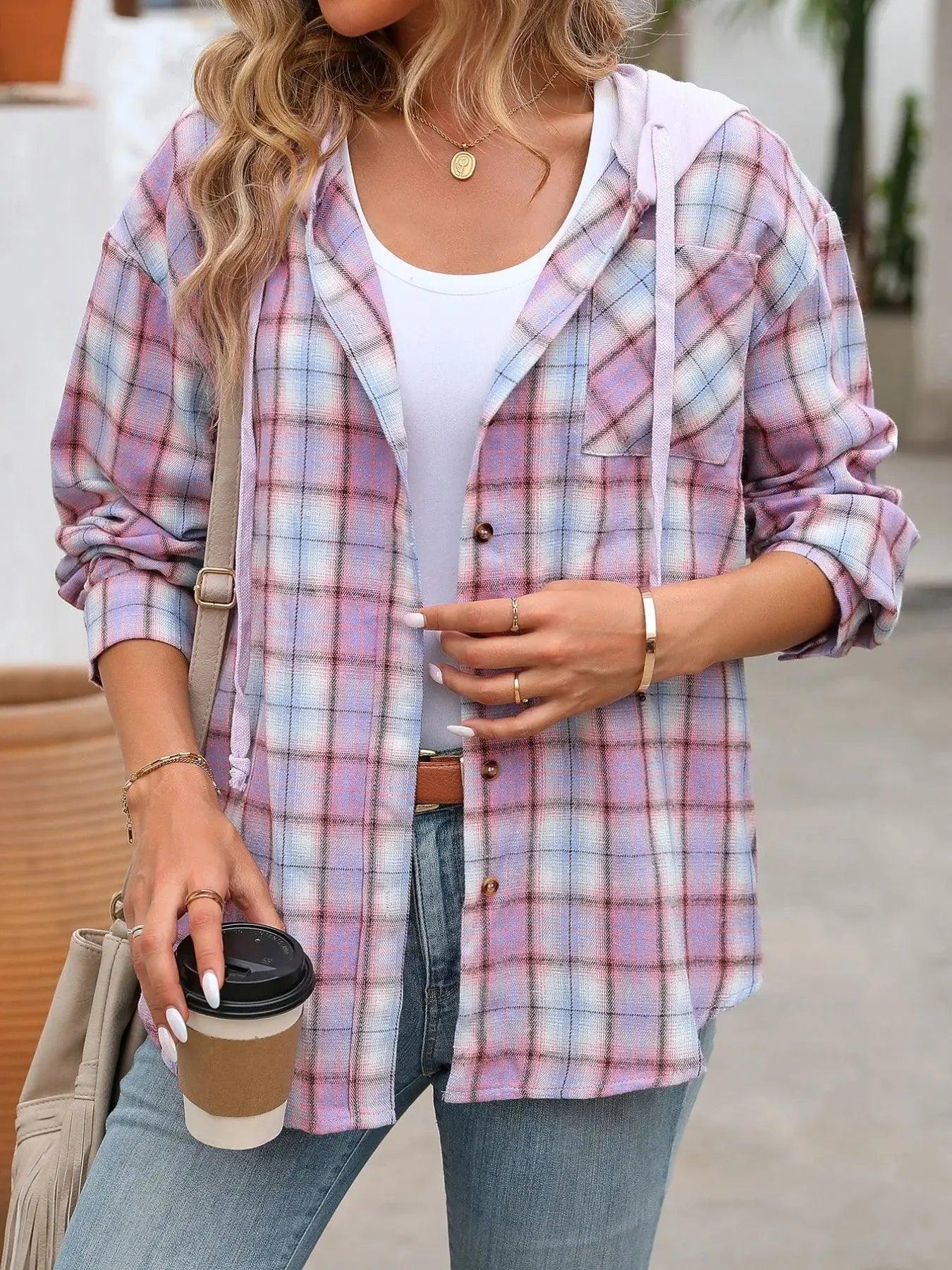 Plaid Button-Up Oversized Hooded Shirt with Chest Pocket