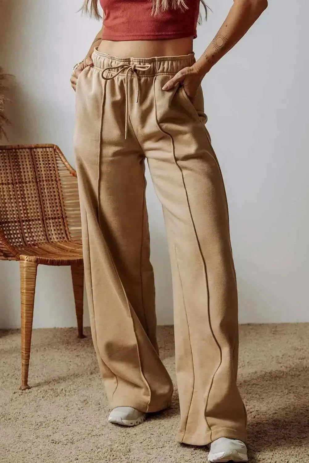 Trendsi Wide Leg Trousers Women's Casual Drawstring Pocketed Pants Comfortable Fit