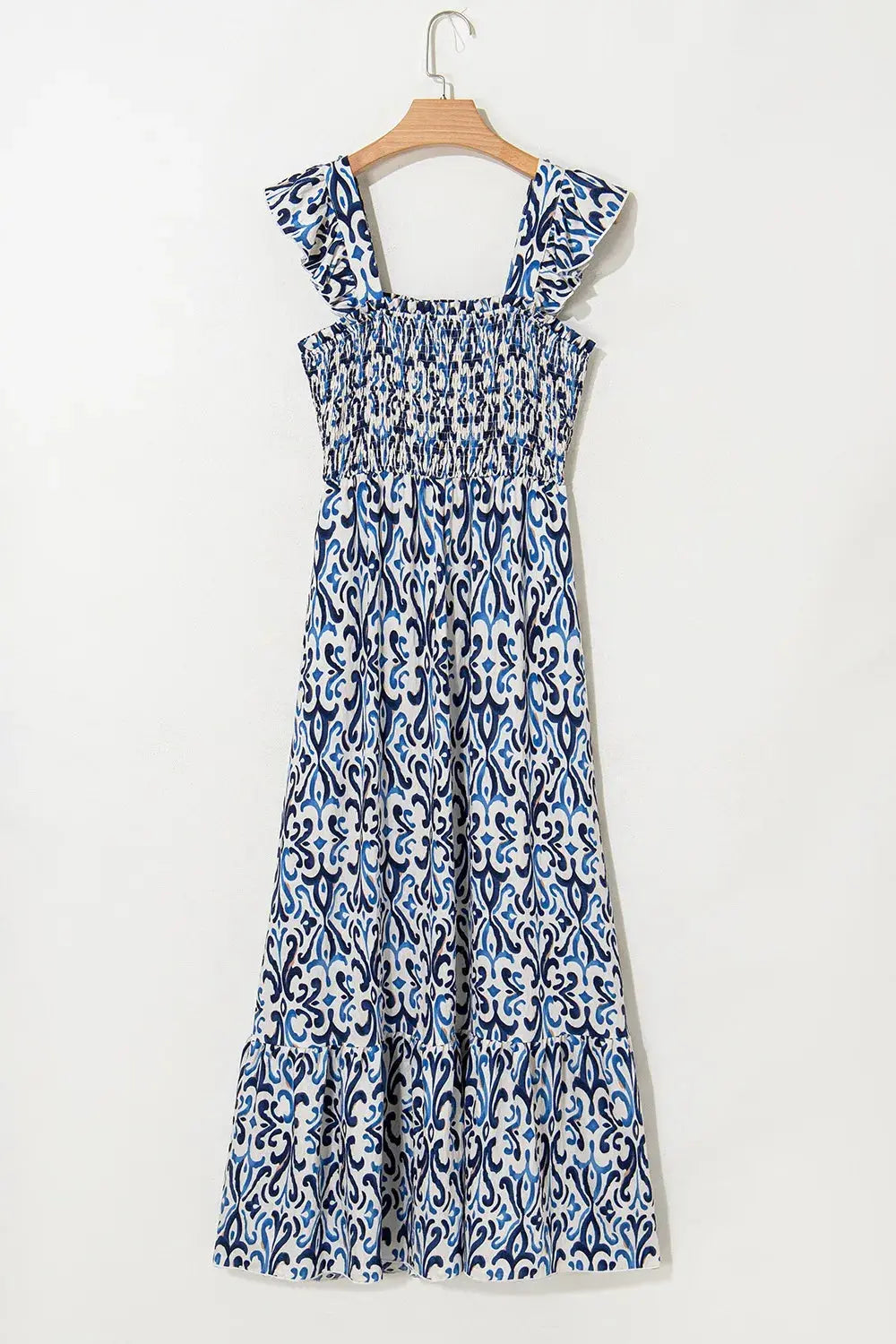 Smocked Printed Square Neck Boho Tiered Midi Dress