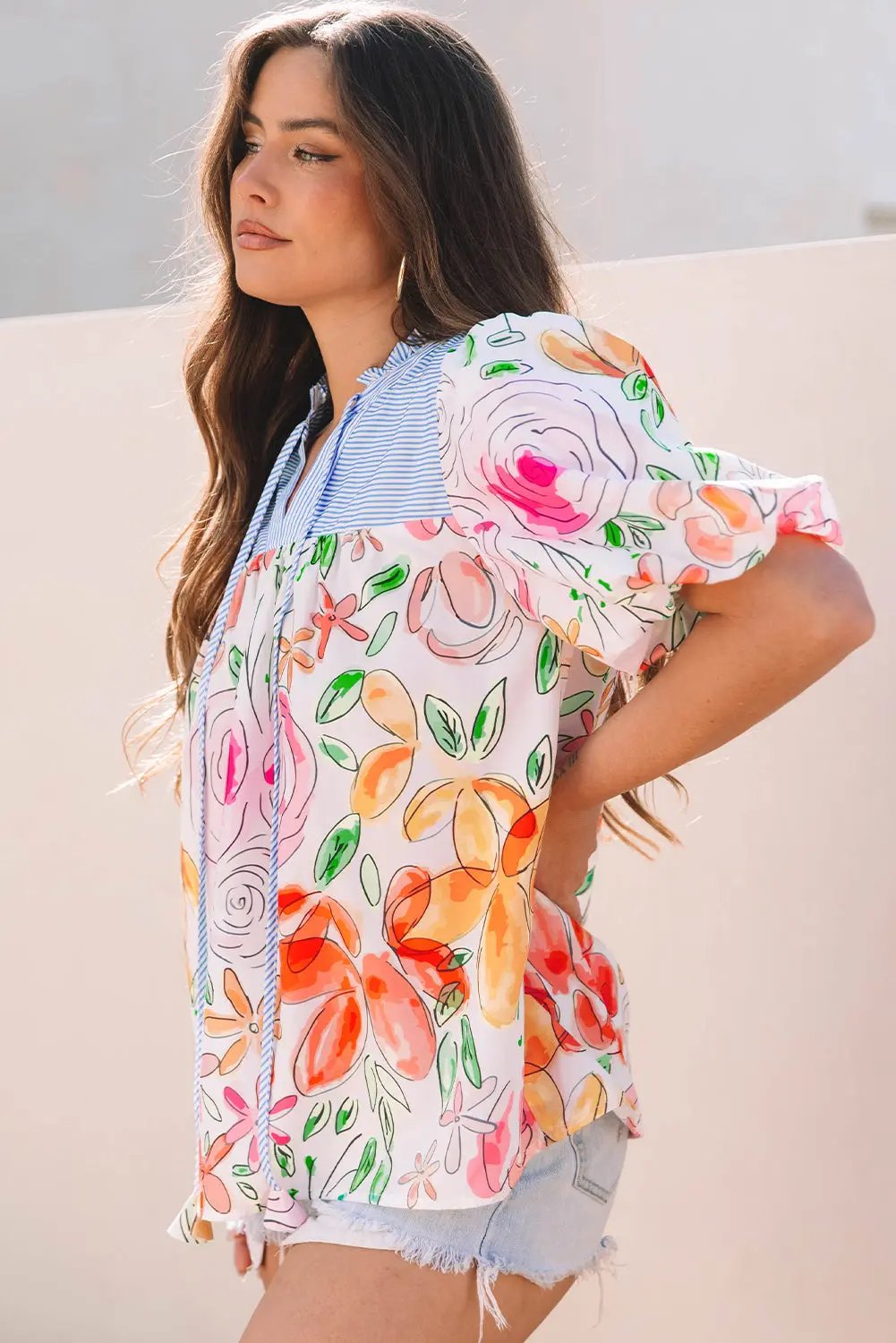 Blouse - Floral Stripe Puff Sleeve Frill Neck - Daily Wear