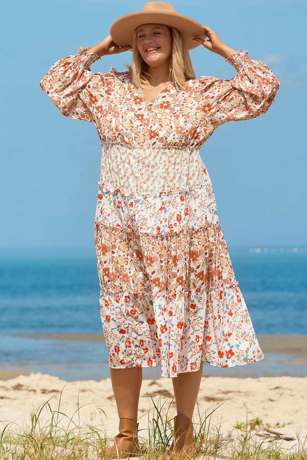 Dresses Love Salve Khaki Floral Maxi Dress Women's Fall Southern Belle Style + Comfy Fit