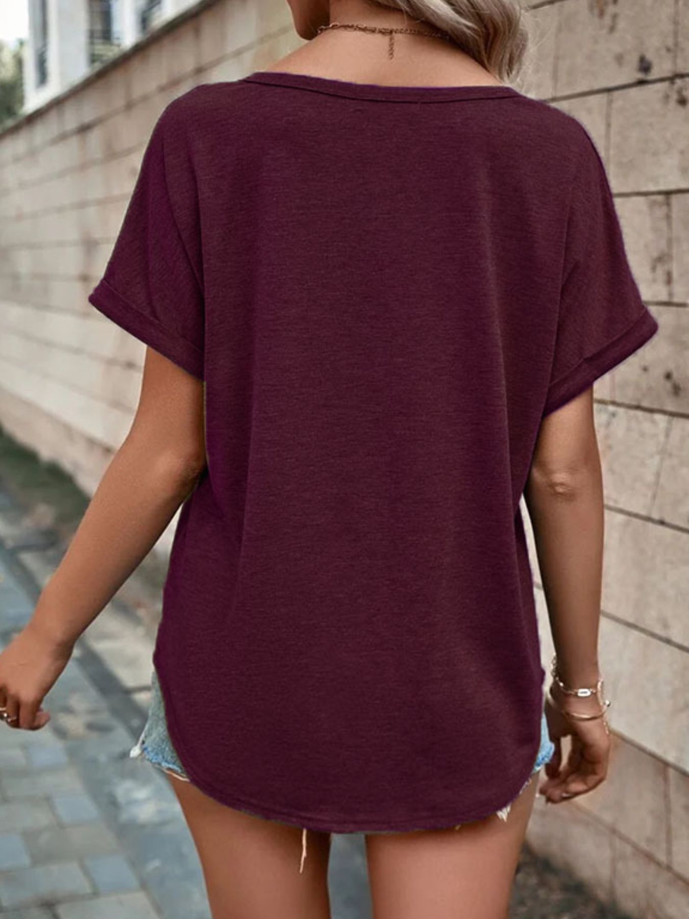 Full Size Decor Button Short Sleeve T Shirt