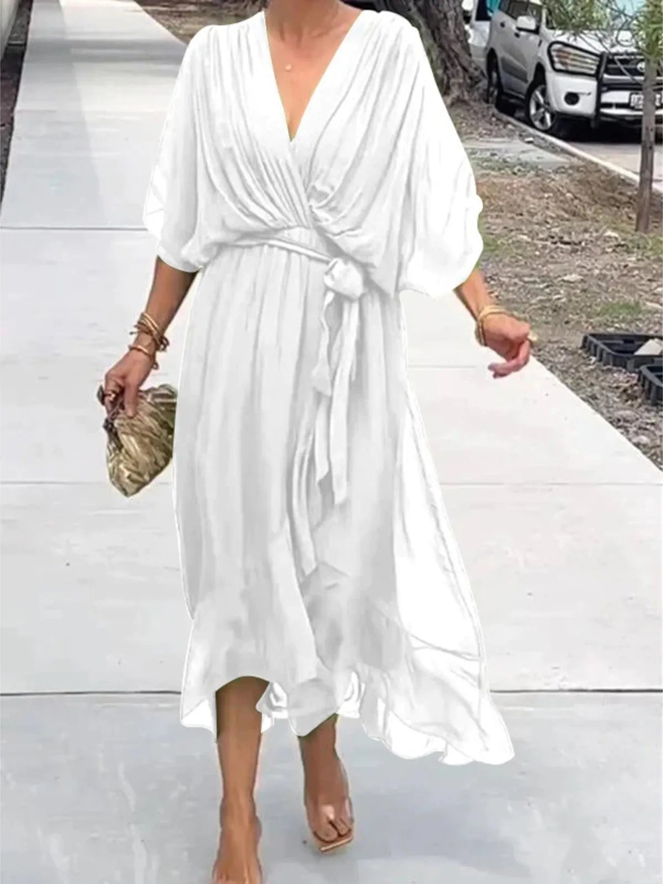 Flowy Tie Front Midi Dress with Flutter Sleeves
