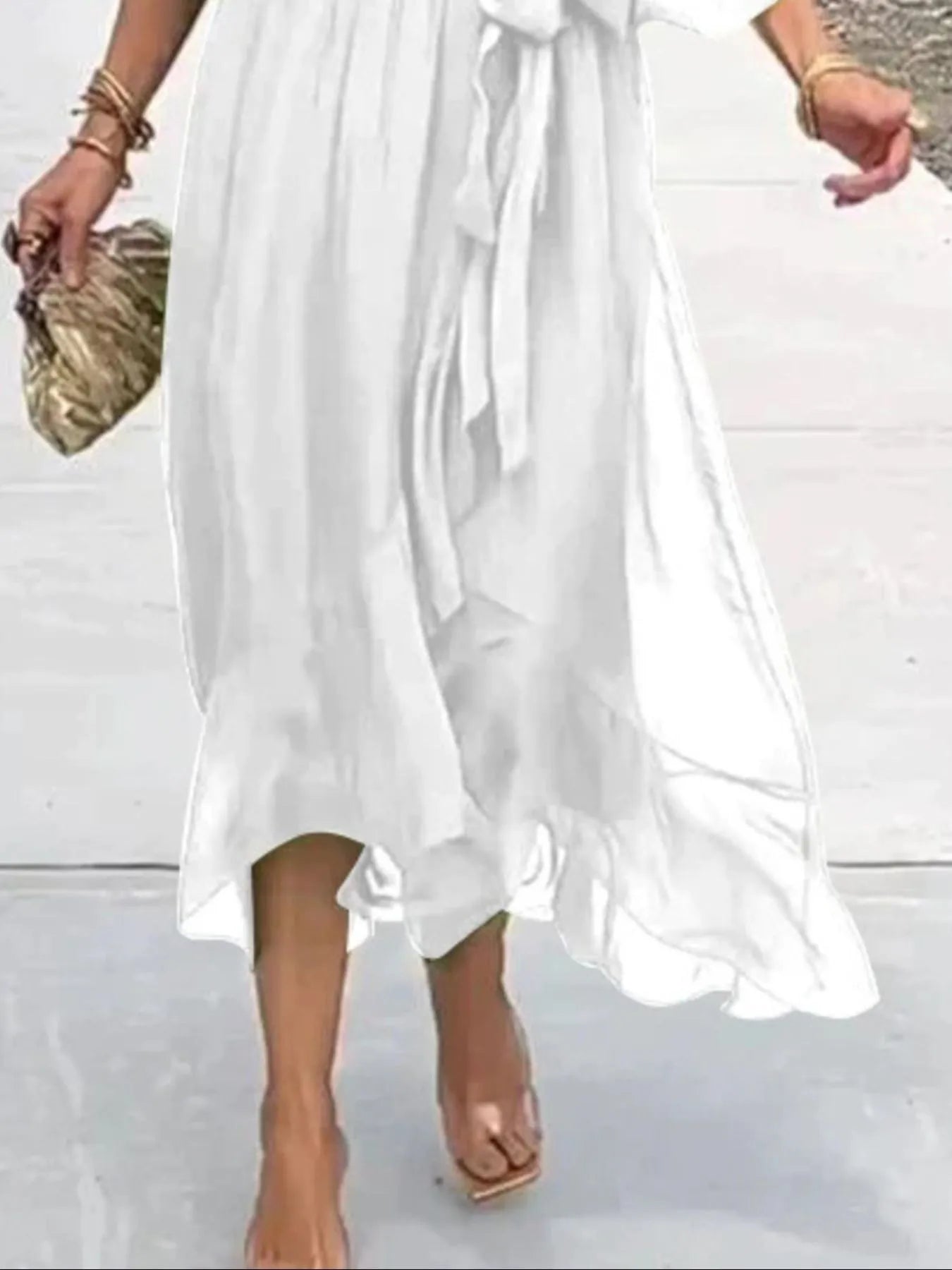 Flowy Tie Front Midi Dress with Flutter Sleeves
