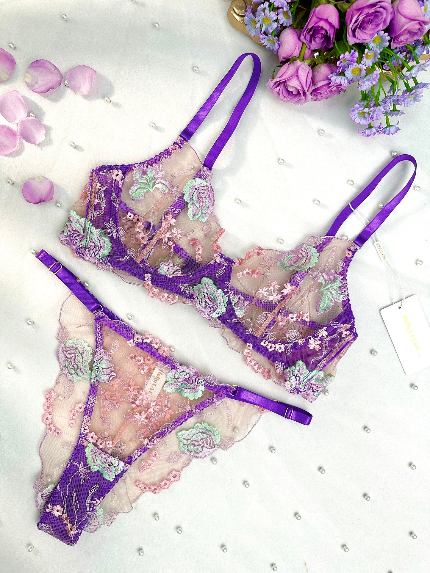 Purple Petal Embroidered Lingerie Set