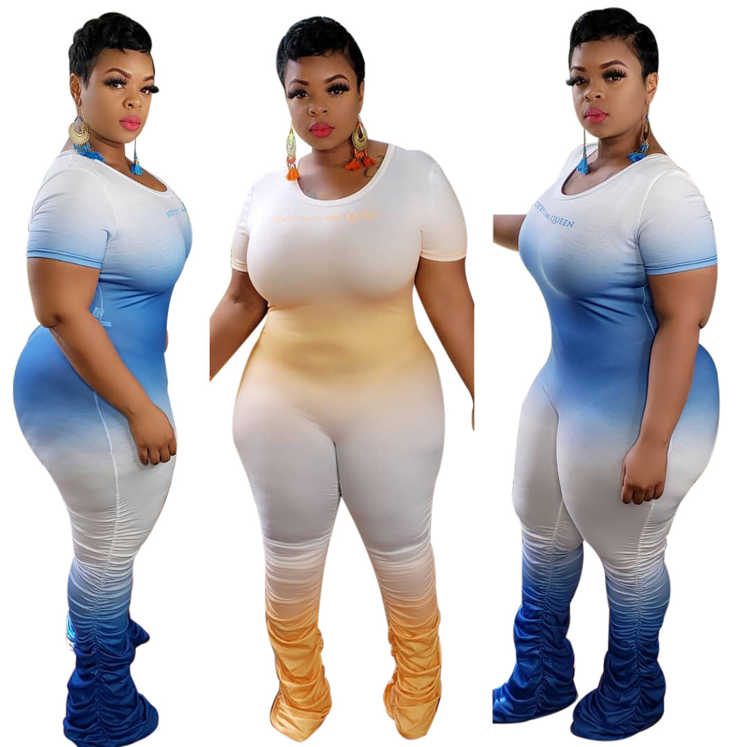 Plus Size Sexy Gradient Zipper Short Sleeve Pleated Trousers One-Piece Nightclub Uniforms