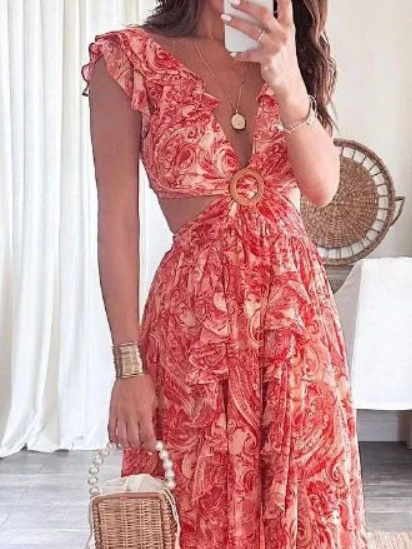 Full Size Ruffled Cutout V Neck Maxi Dress