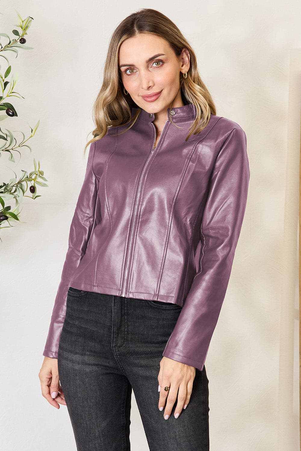 Trendsi Mock Neck Zip-Up Jacket Black