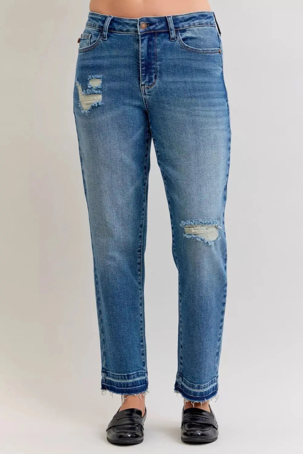 Judy Blue Jeans - Plus Size Mid Rise Boyfriend Destroy Jeans with Release Hem