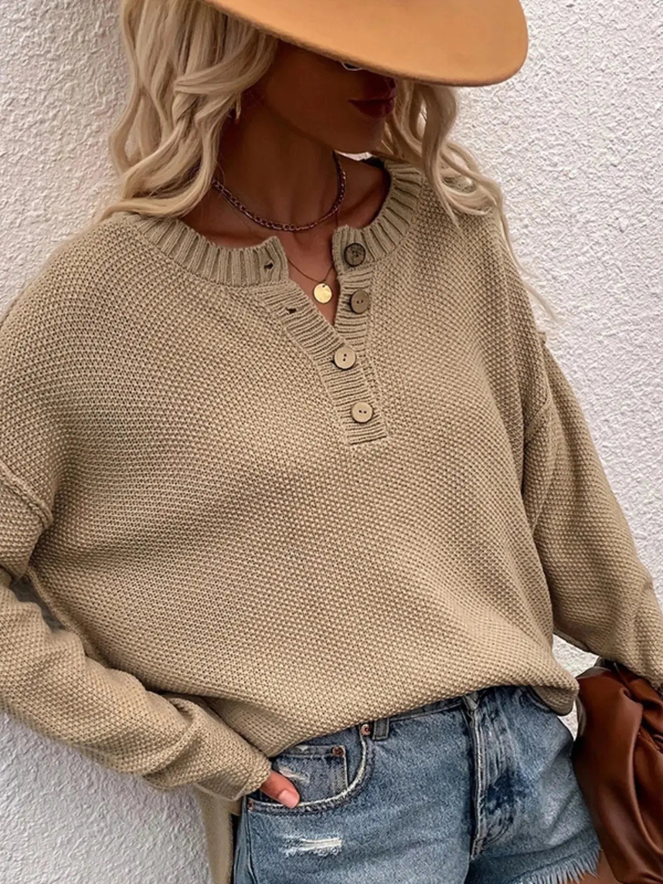 Waffle-Knit Button Detail Long Sleeve Knit Top