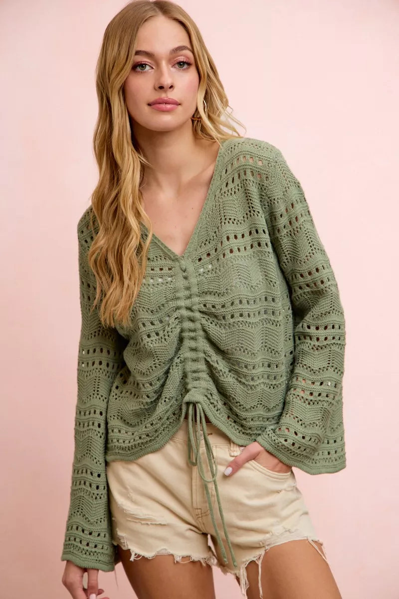 Green Pointelle Knit V Neck Ruched Front Lightweight Top