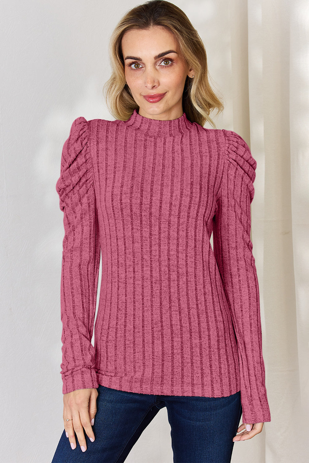Women's Mock Neck Top Trendsi Women's Ribbed Mock Neck Puff Sleeve Top Long Sleeve