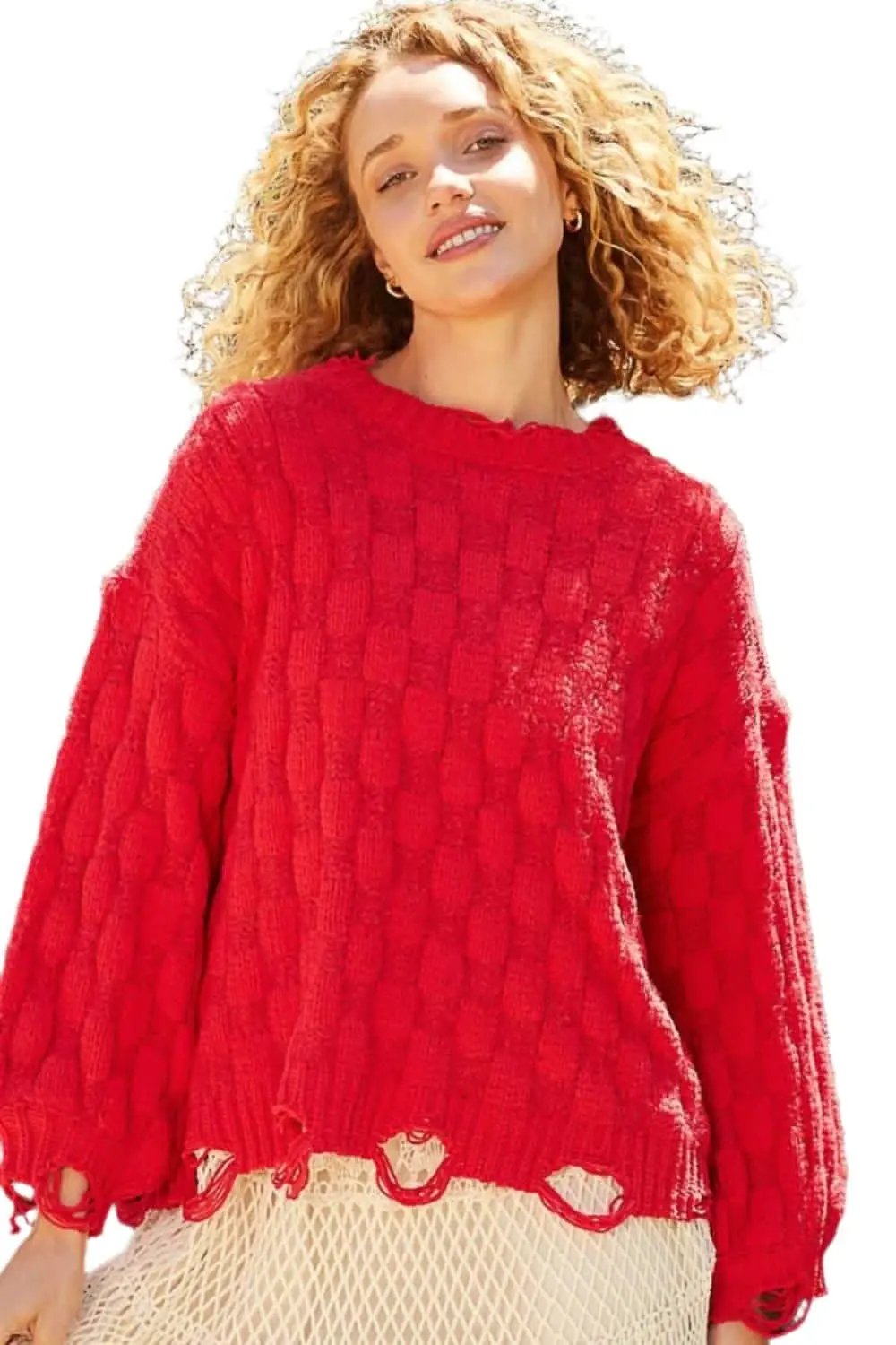 Sweaters Trendsi Checkered Sweater Women's Distressed Knit Top USA Shipped