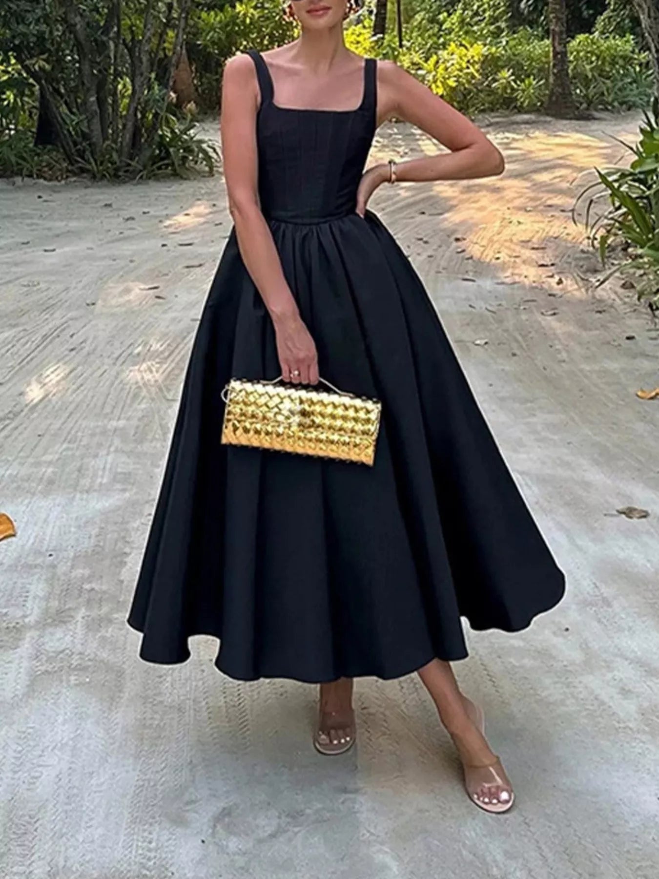 Square Neck A Line Midi Dress