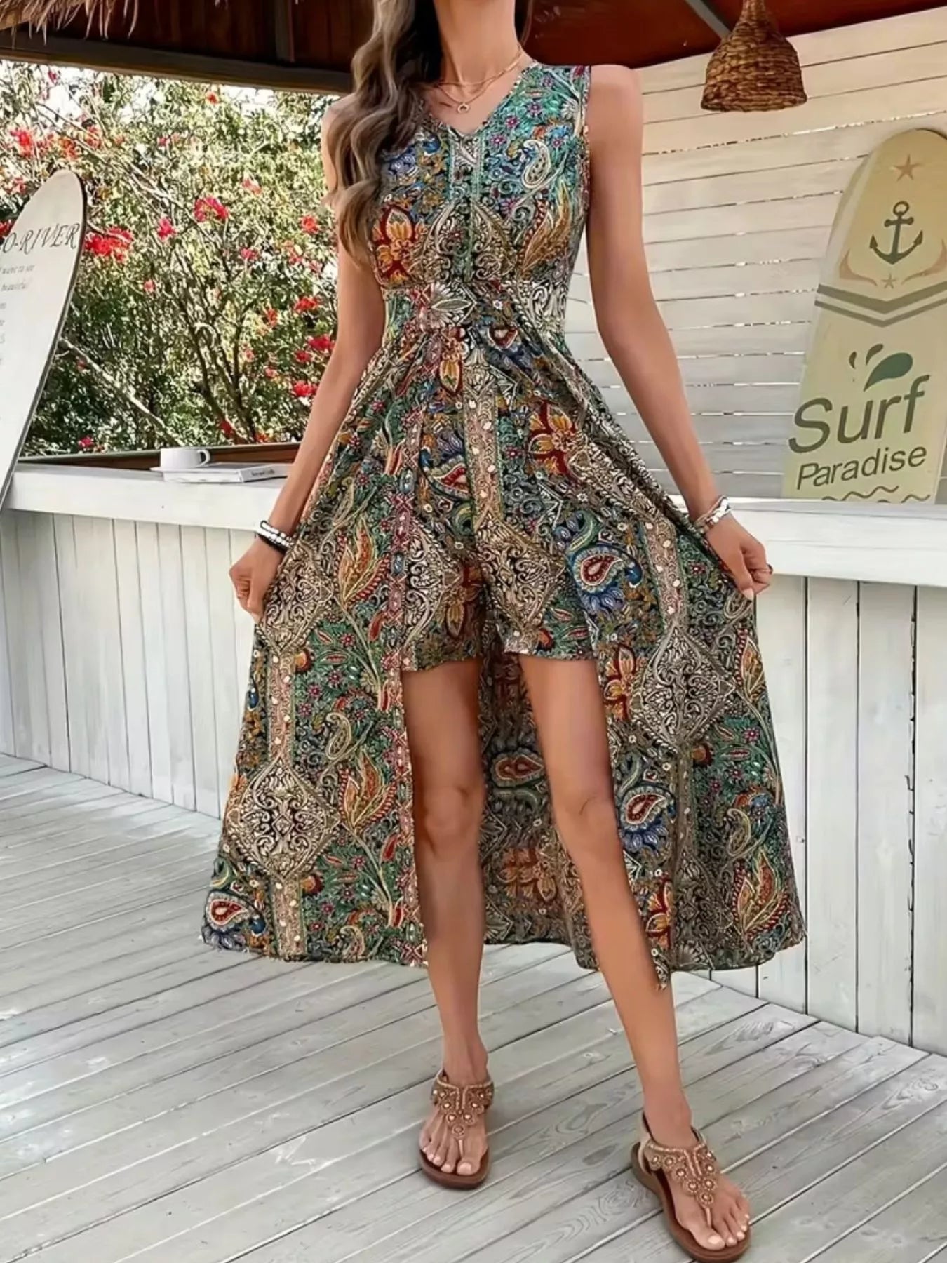 Paisley Print Sleeveless Romper with Long Top