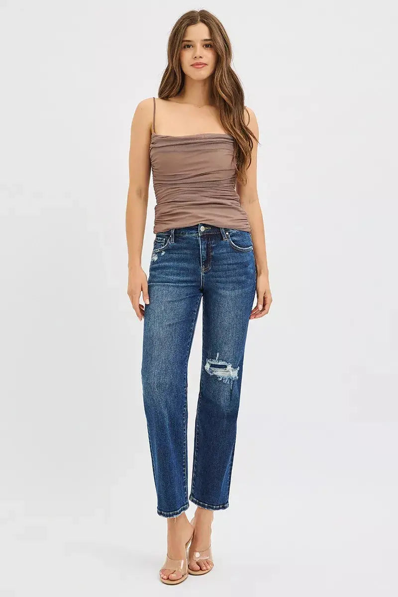 High Rise Crop Slim Straight RISEN Jeans with Hidden Knee Patch