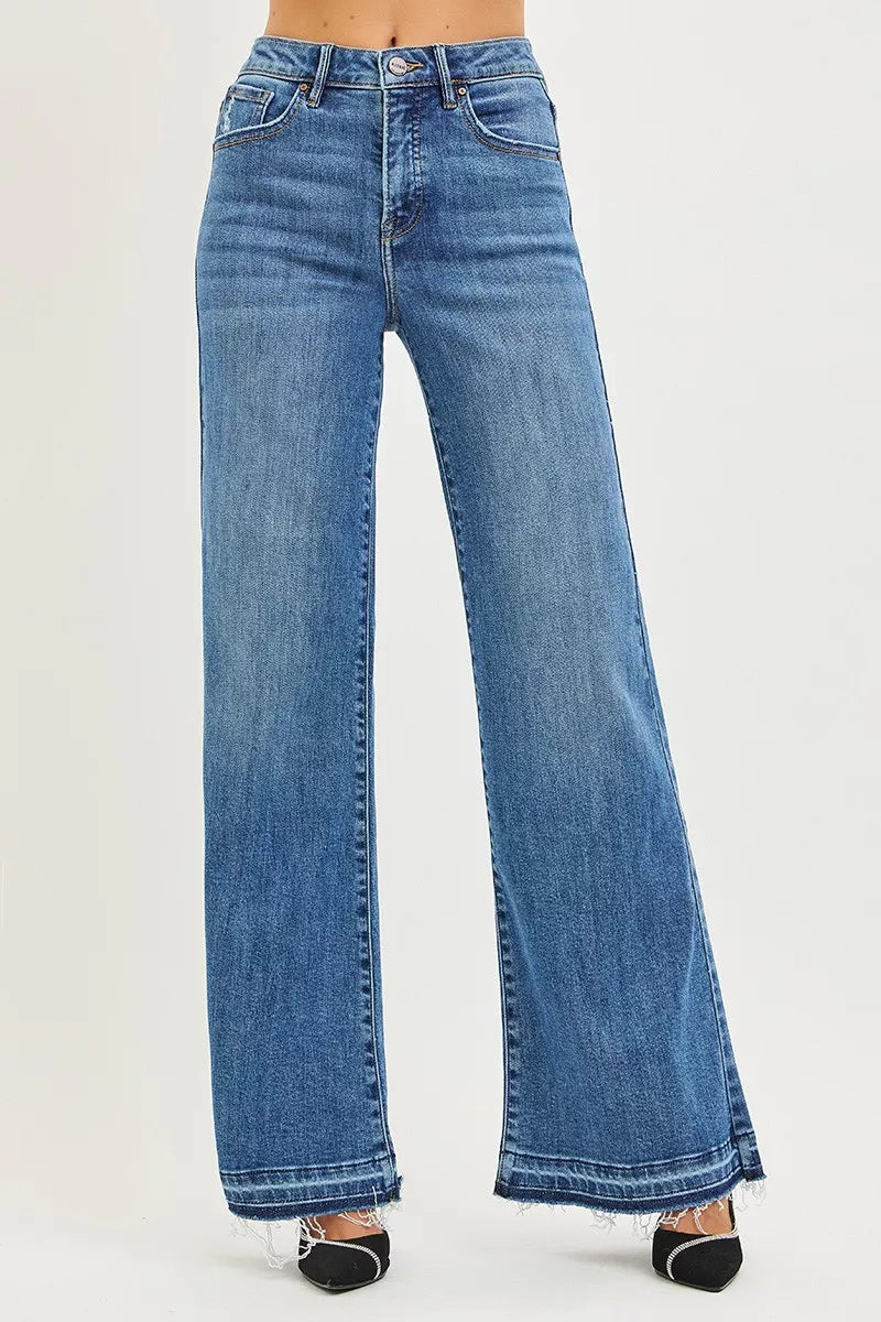 RISEN Jeans - High Rise Wide Leg Jeans With Released Hem
