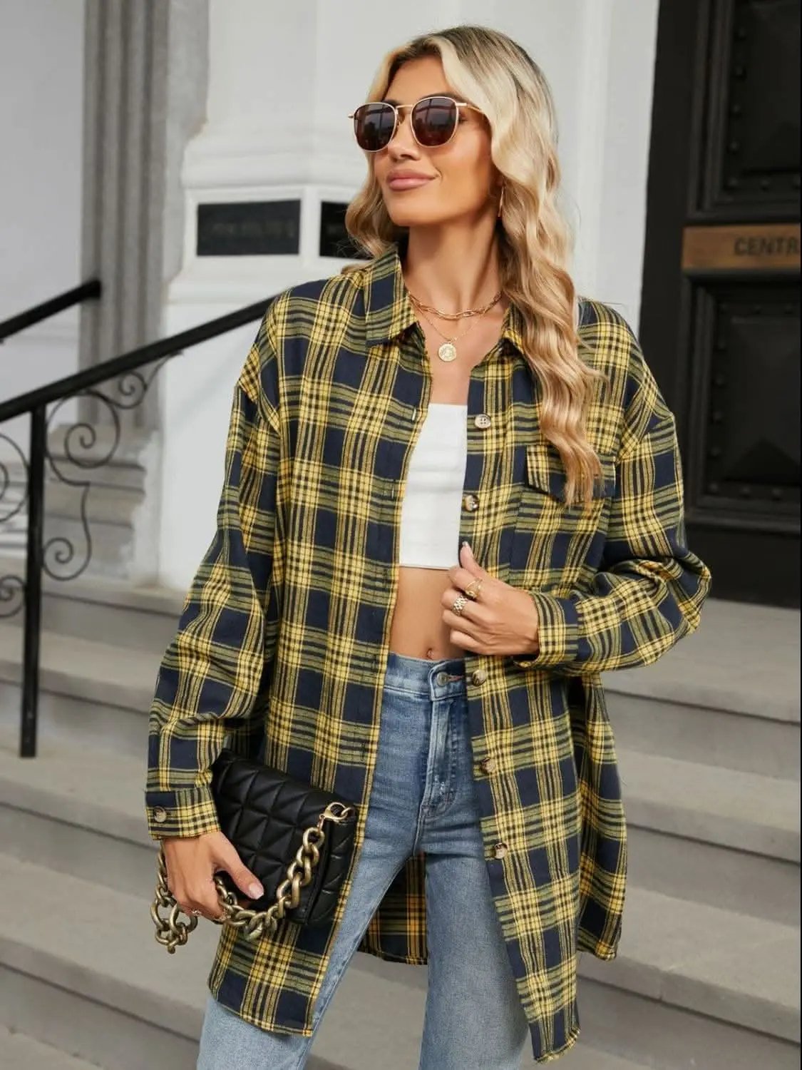 Trendsi Plaid Collared Shirt Long Sleeve — Casual Dusty Pink