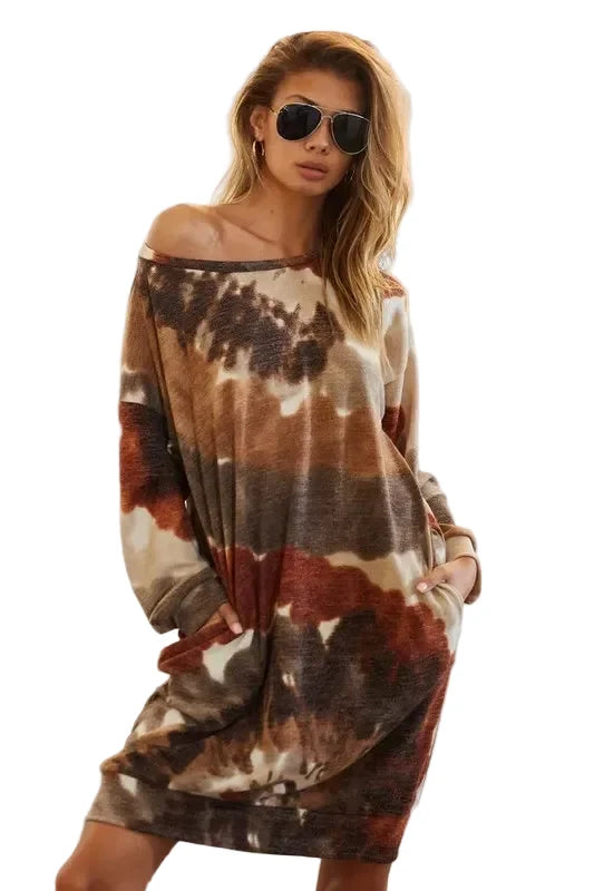 Rust/Olive Color Tie Dye Print Knit Dress with Side Pocket