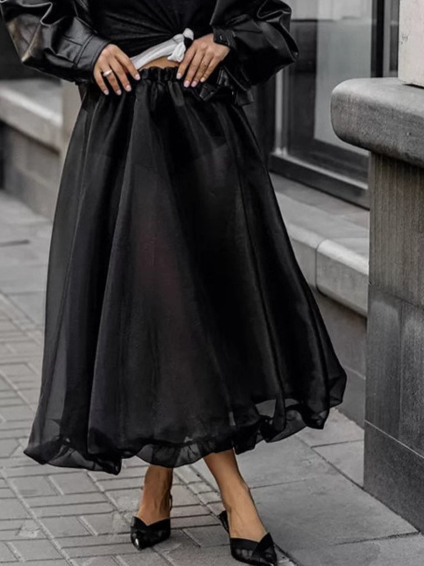 Sheer Flowy Elastic Waist Midi Skirt