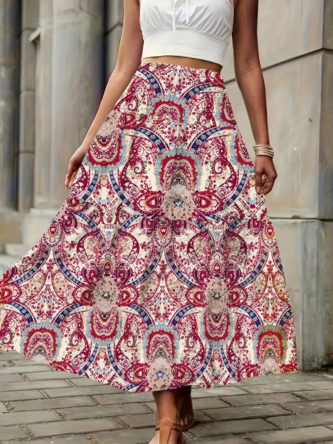 Smocked High Waist Maxi Boho Skirt – Printed Flowy Summer Skirt