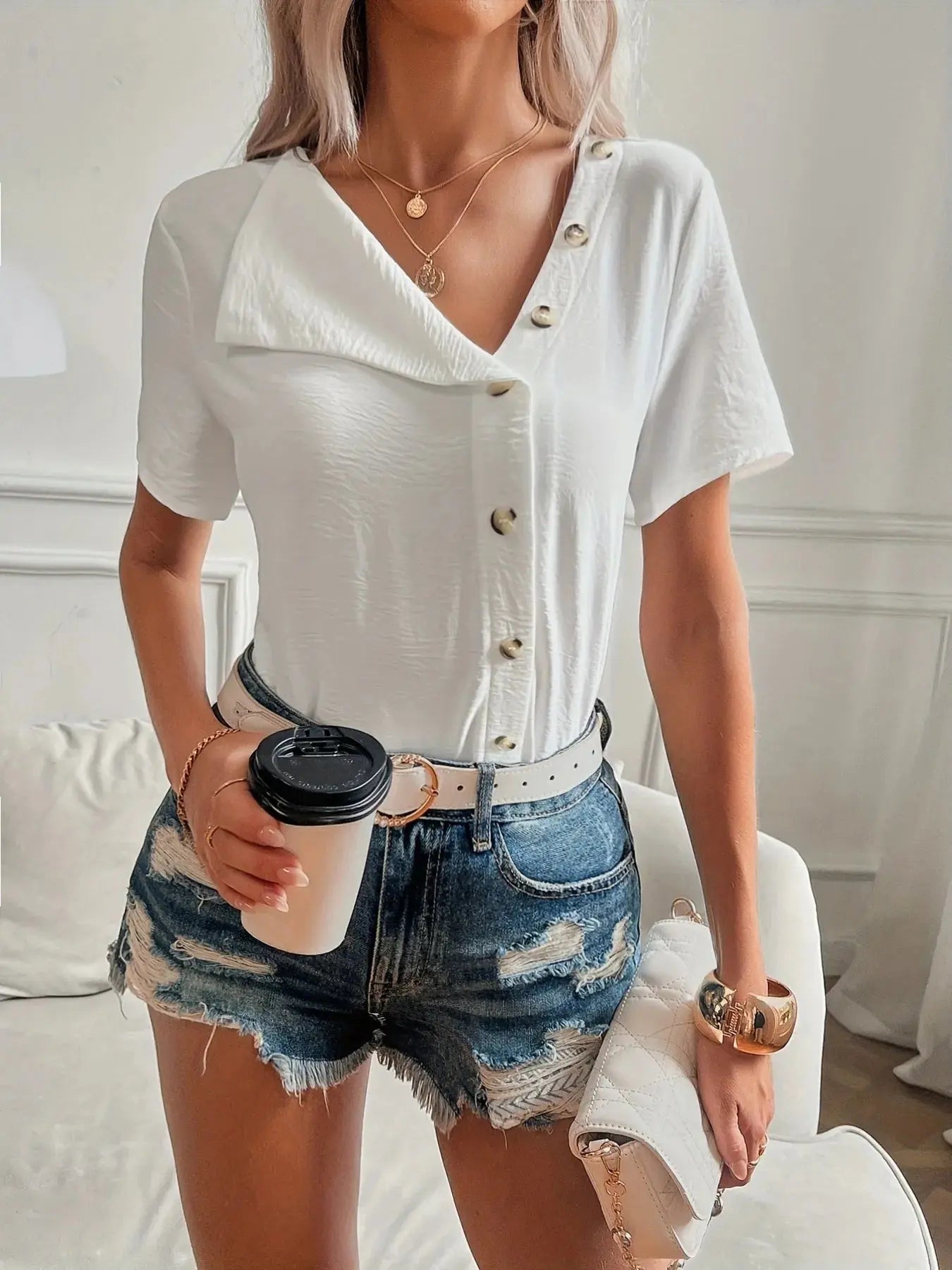 Button Front Short Sleeve White Asymmetrical Top