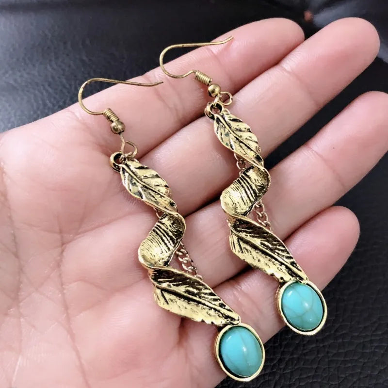 Artificial Turquoise Alloy Leaf Earrings