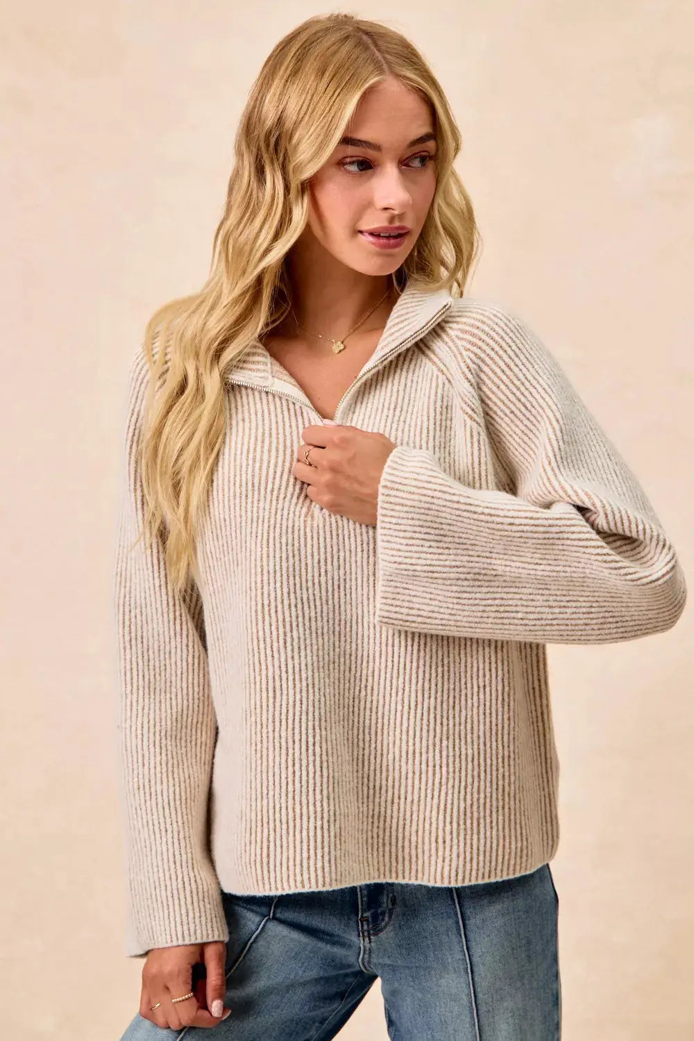 BiBi Two Tone Ribbed Textured Knit Sweater with Zip Up Collar