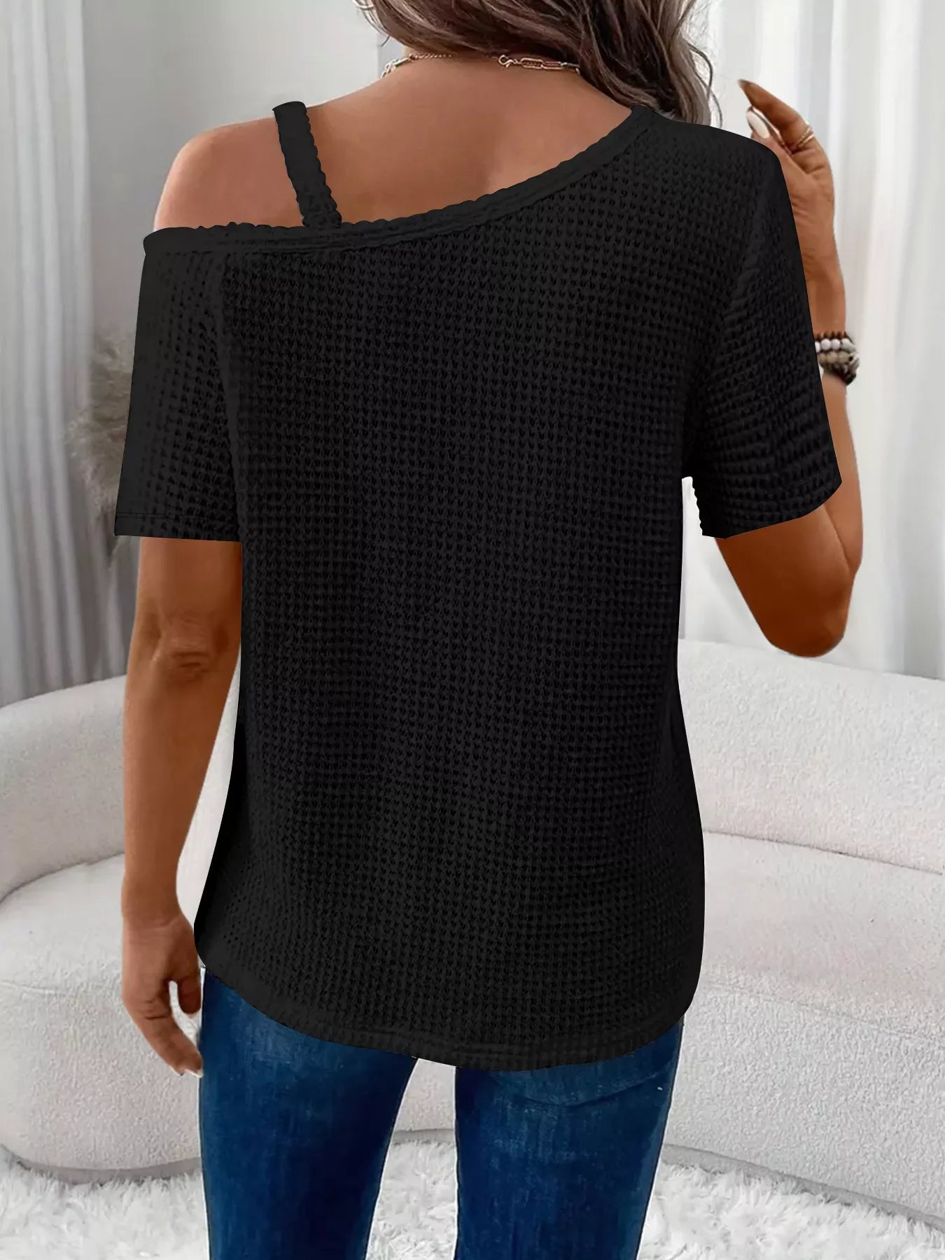 Chain Detail Waffle Knit One Shoulder T Shirt