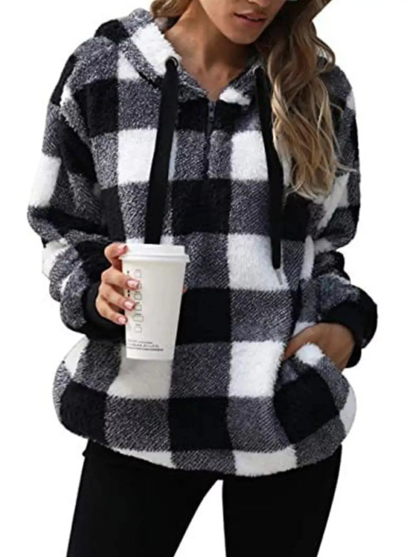 Plus Size Plaid Drawstring Sherpa Hoodie