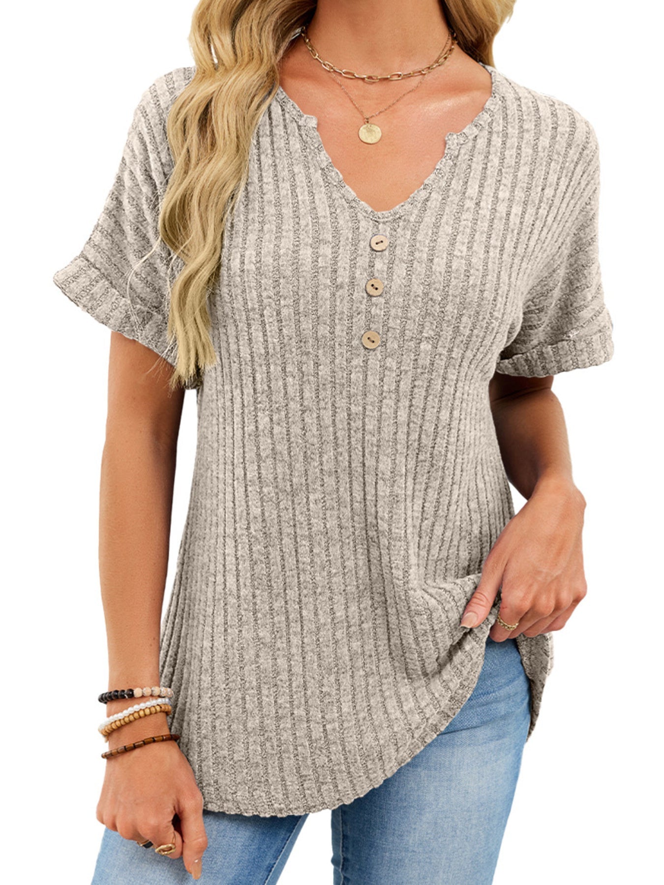 Women's Ribbed Knit Button V Neck Short Sleeve T Shirt