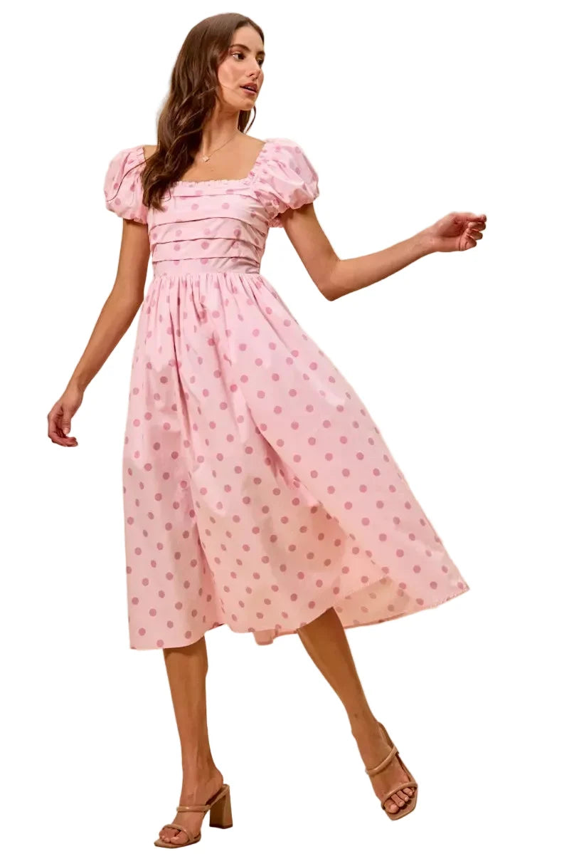 Polka Cotton Print Short Sleeves Pink Midi Dress