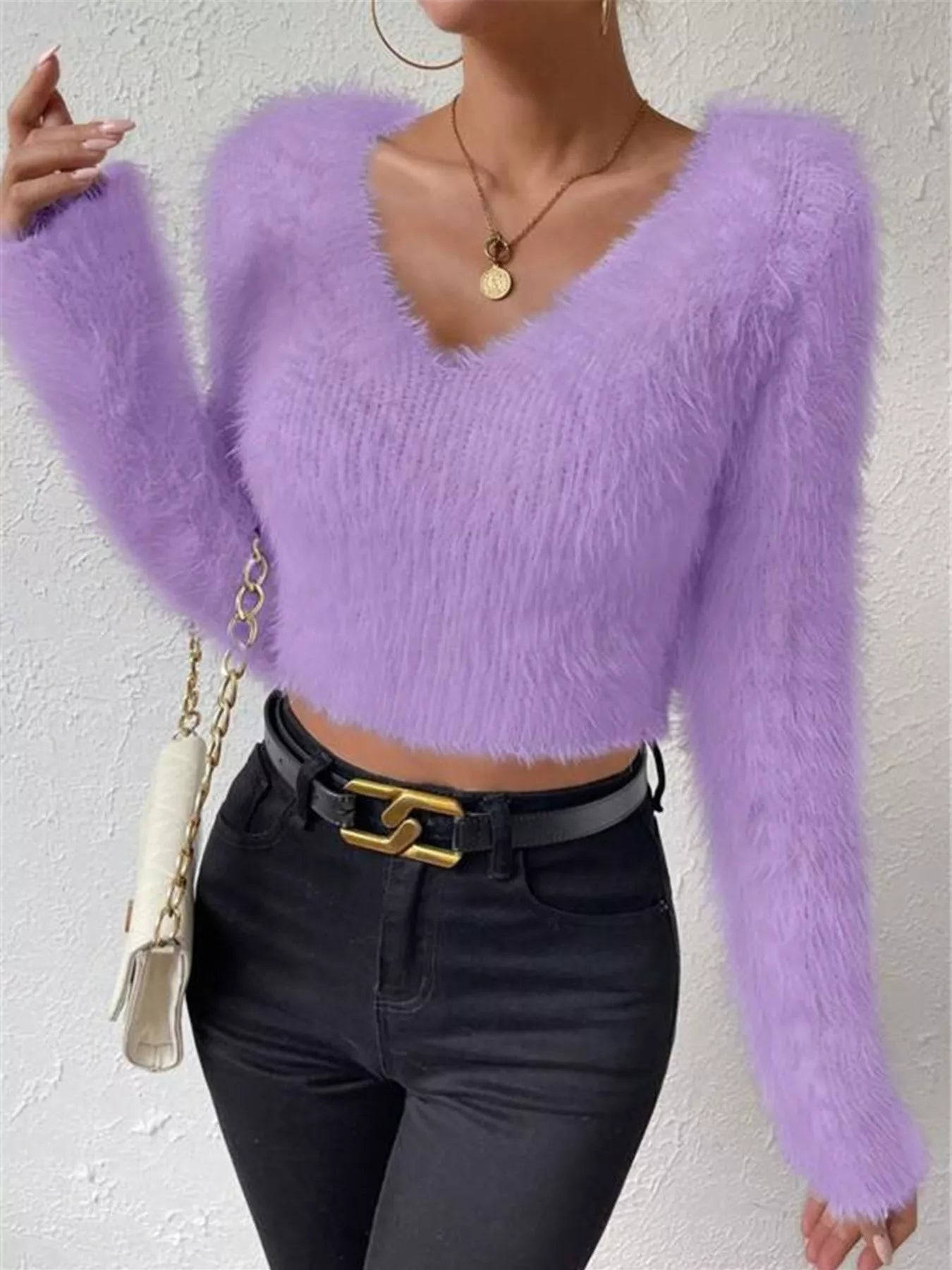 Fluffy Knit V Neck Sweater