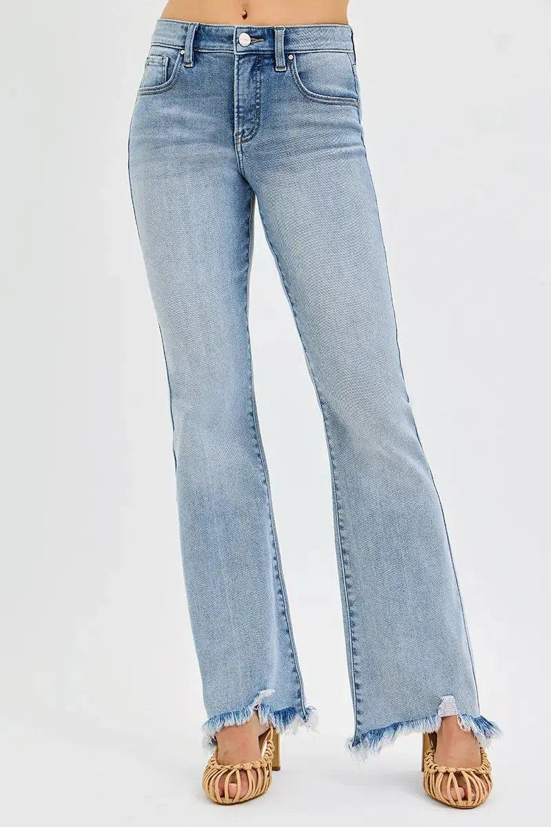 RISEN Jeans - Plus Size Tummy Control Mid Rise Flare Jeans with Fray Hem