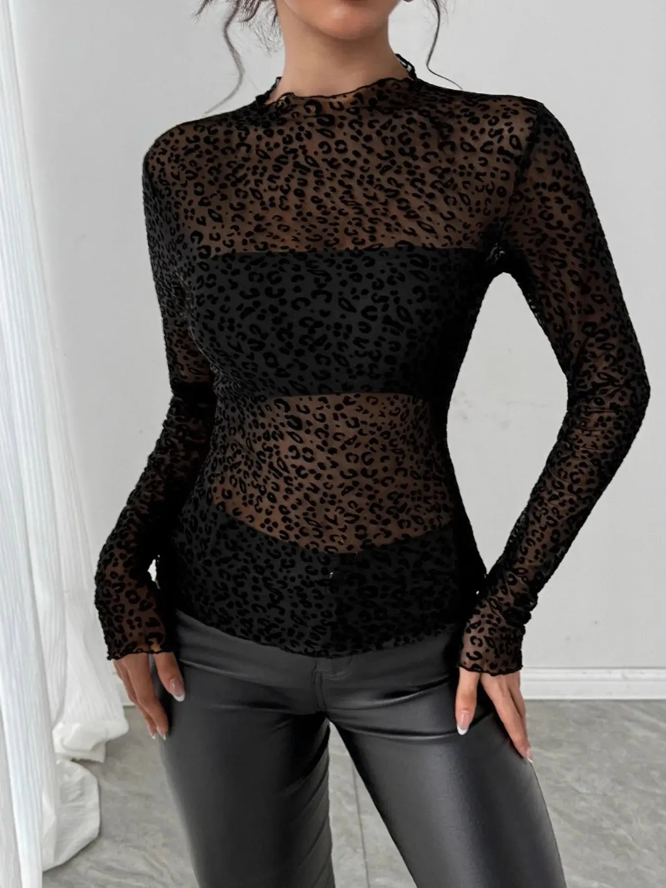 Leopard Print Mesh Long Sleeve T Shirt