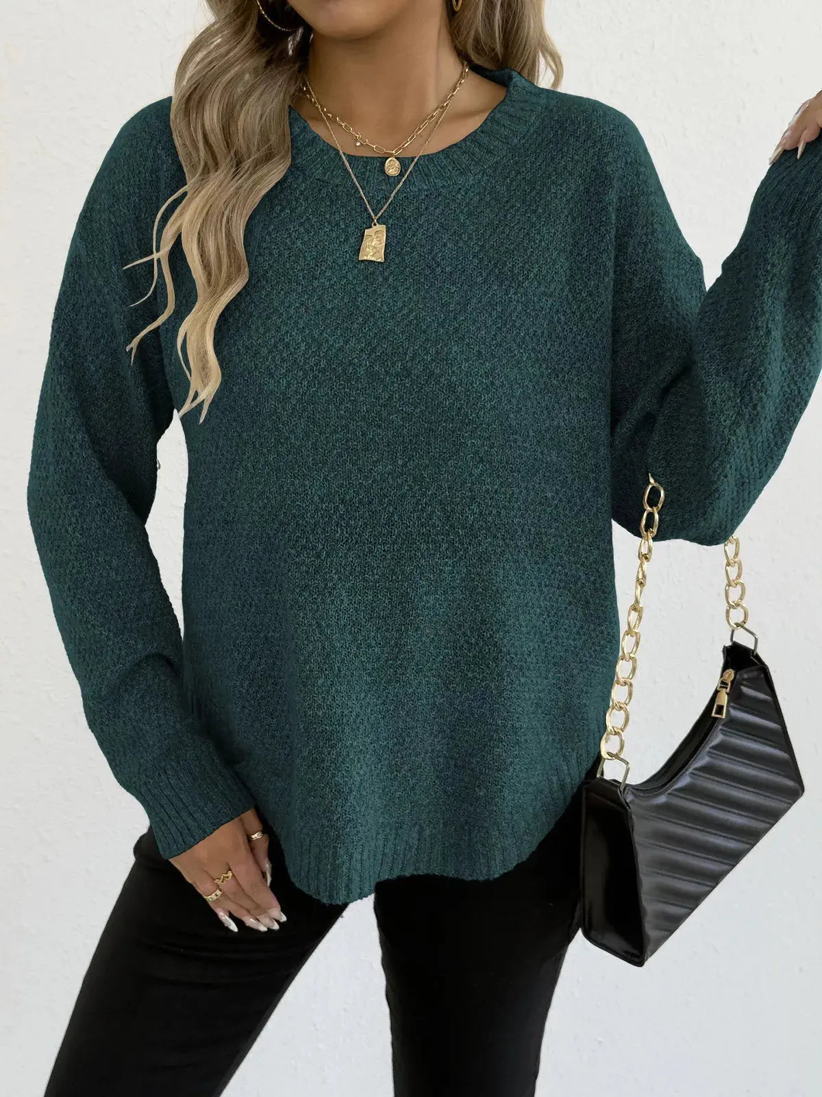 Round Neck Textured Knit Relaxed Fit Sweater