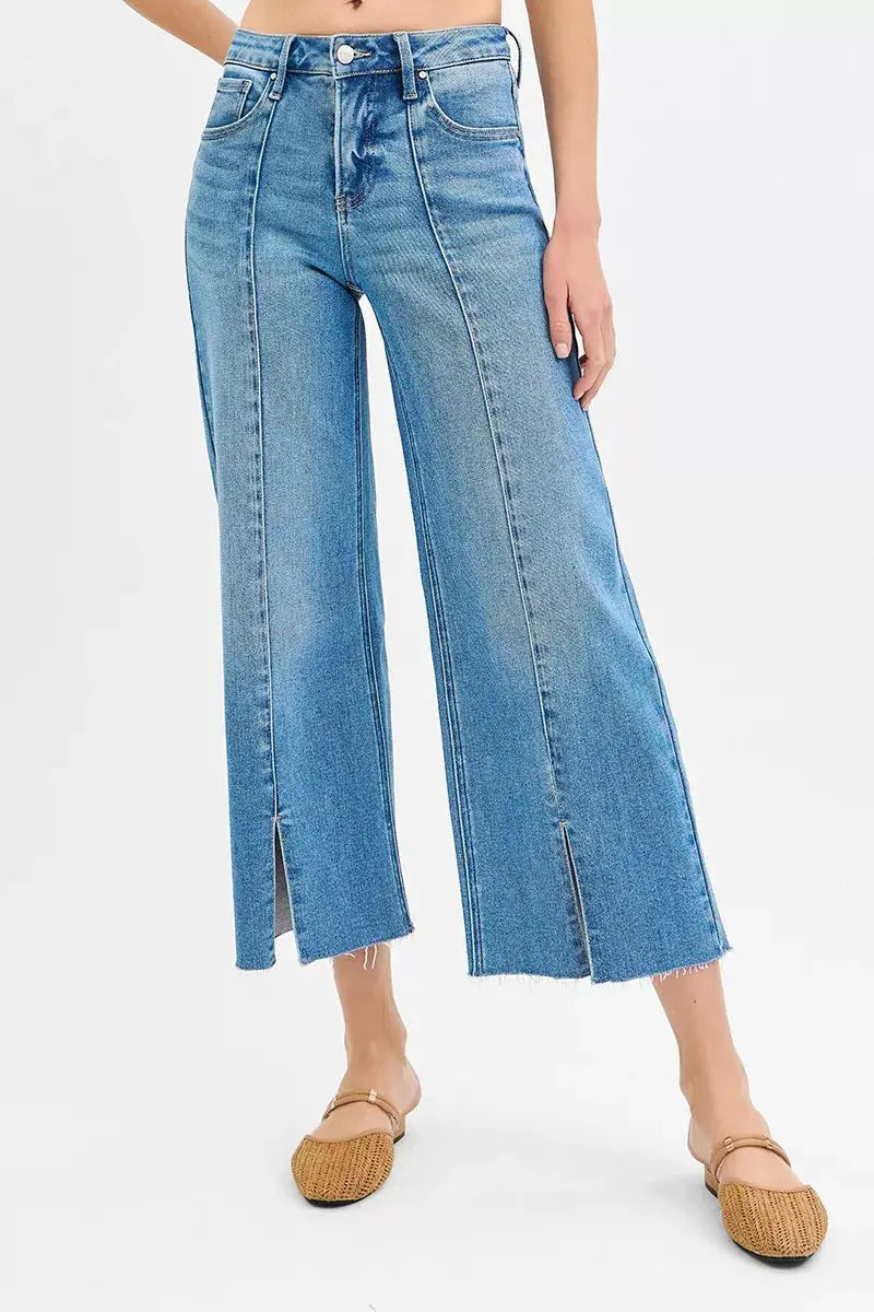 RISEN Jeans - Tummy Control Mid Rise Crop Wide Front Slit Jeans