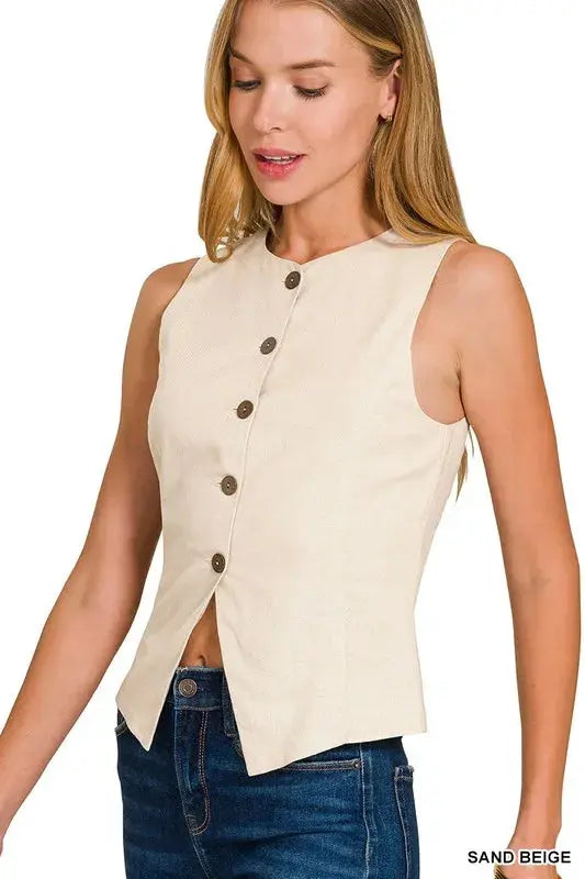 Zenana Beige Linen Button Down Vest