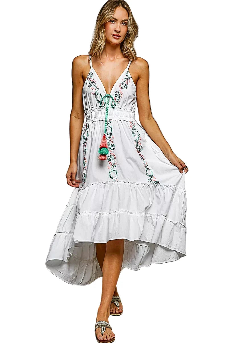 Embroidered Detail Tassel Tie Smocked Waist Midi Tiered Cami Dress