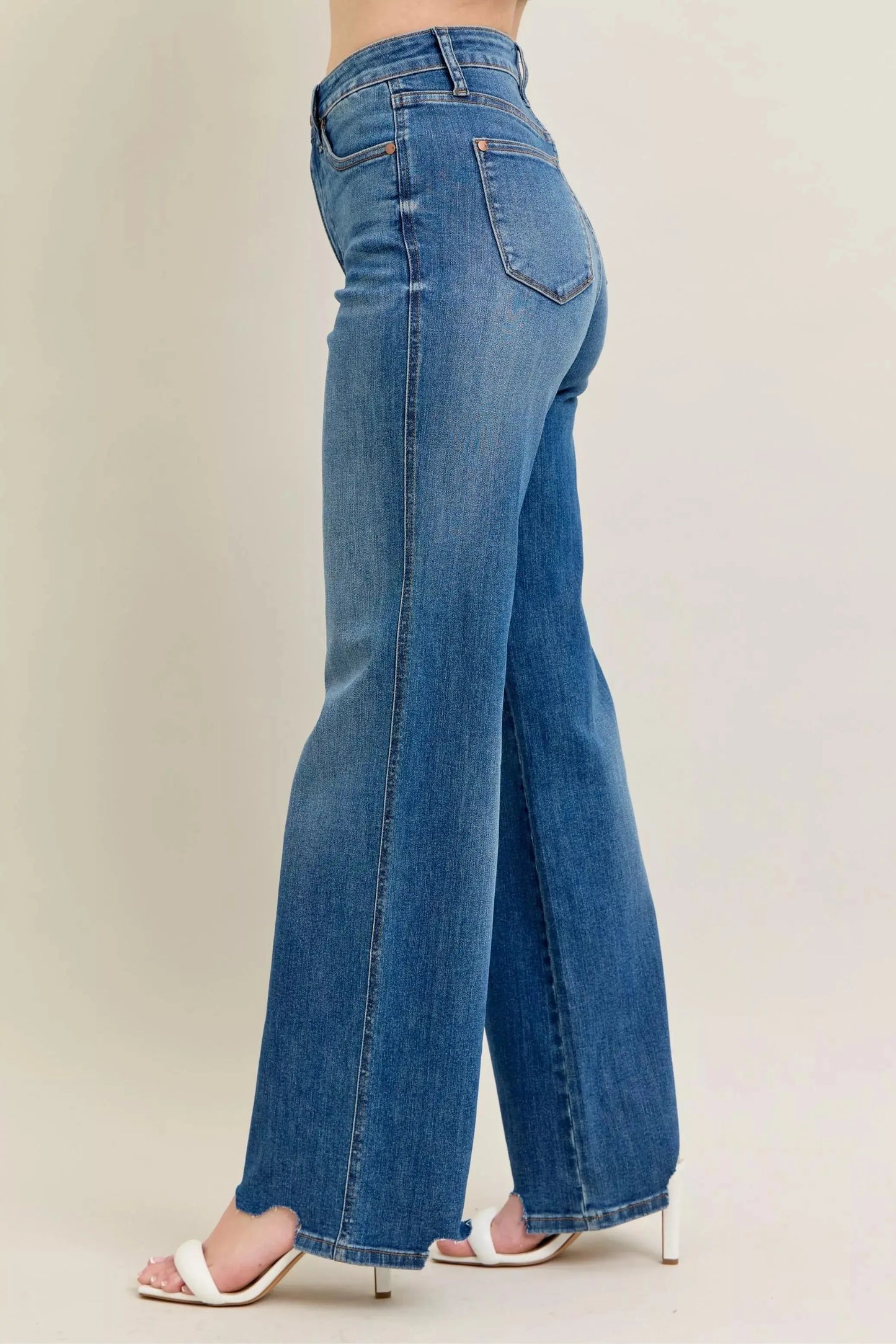 Judy Blue Full Size High Waist Tummy Control Destroy Wide Leg Jeans with Chew Hem