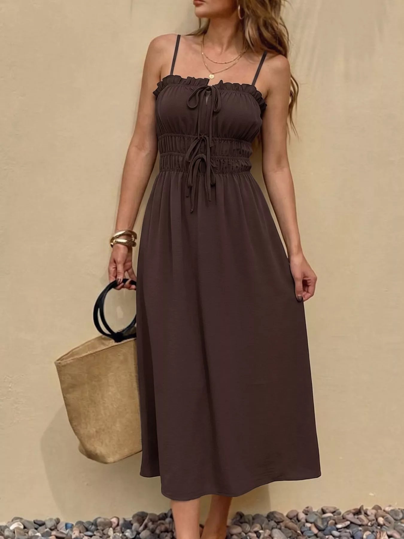 Tie-Front Brown A Line Dress