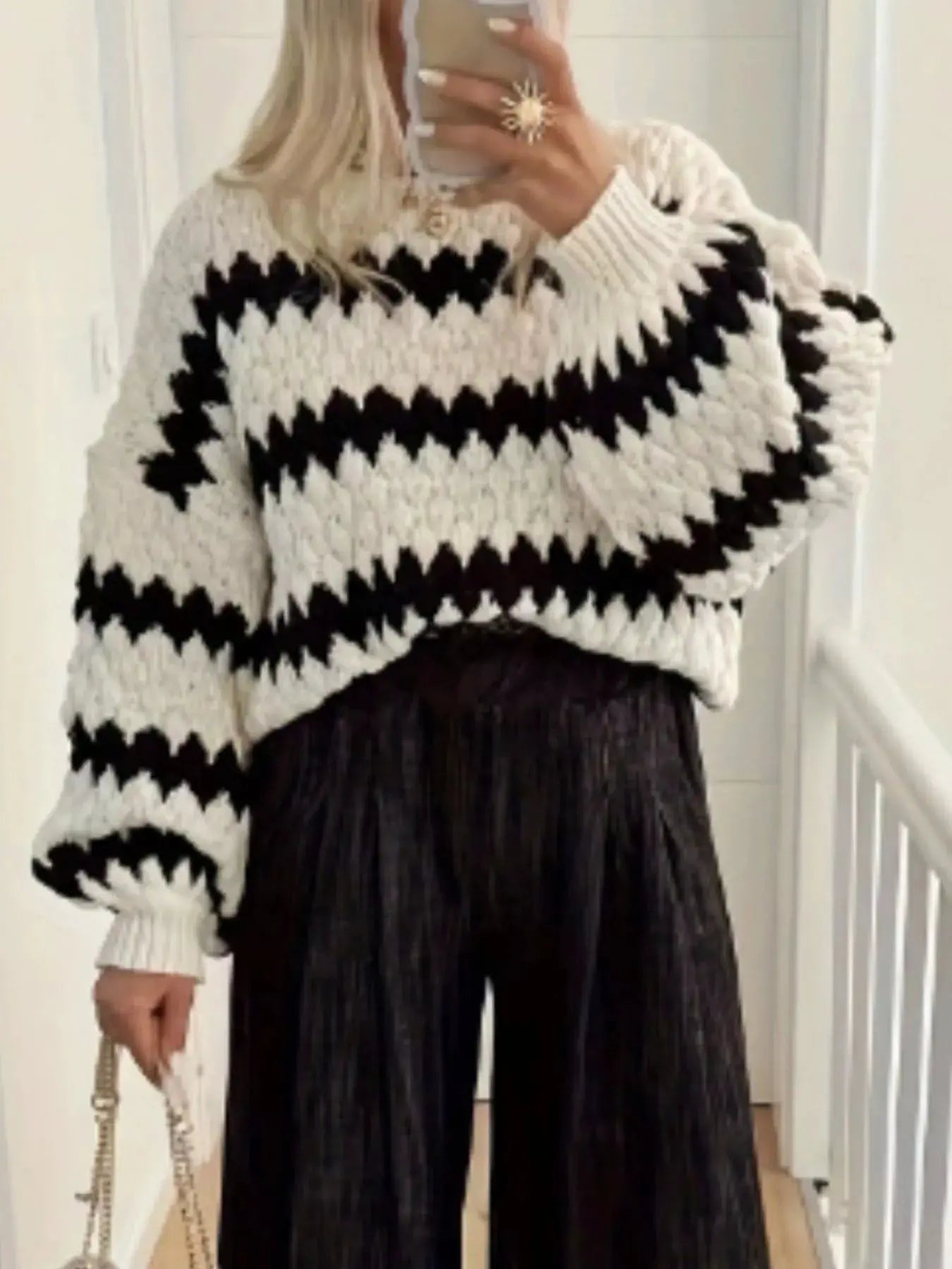 Striped Round Neck Dropped Shoulder Sweater