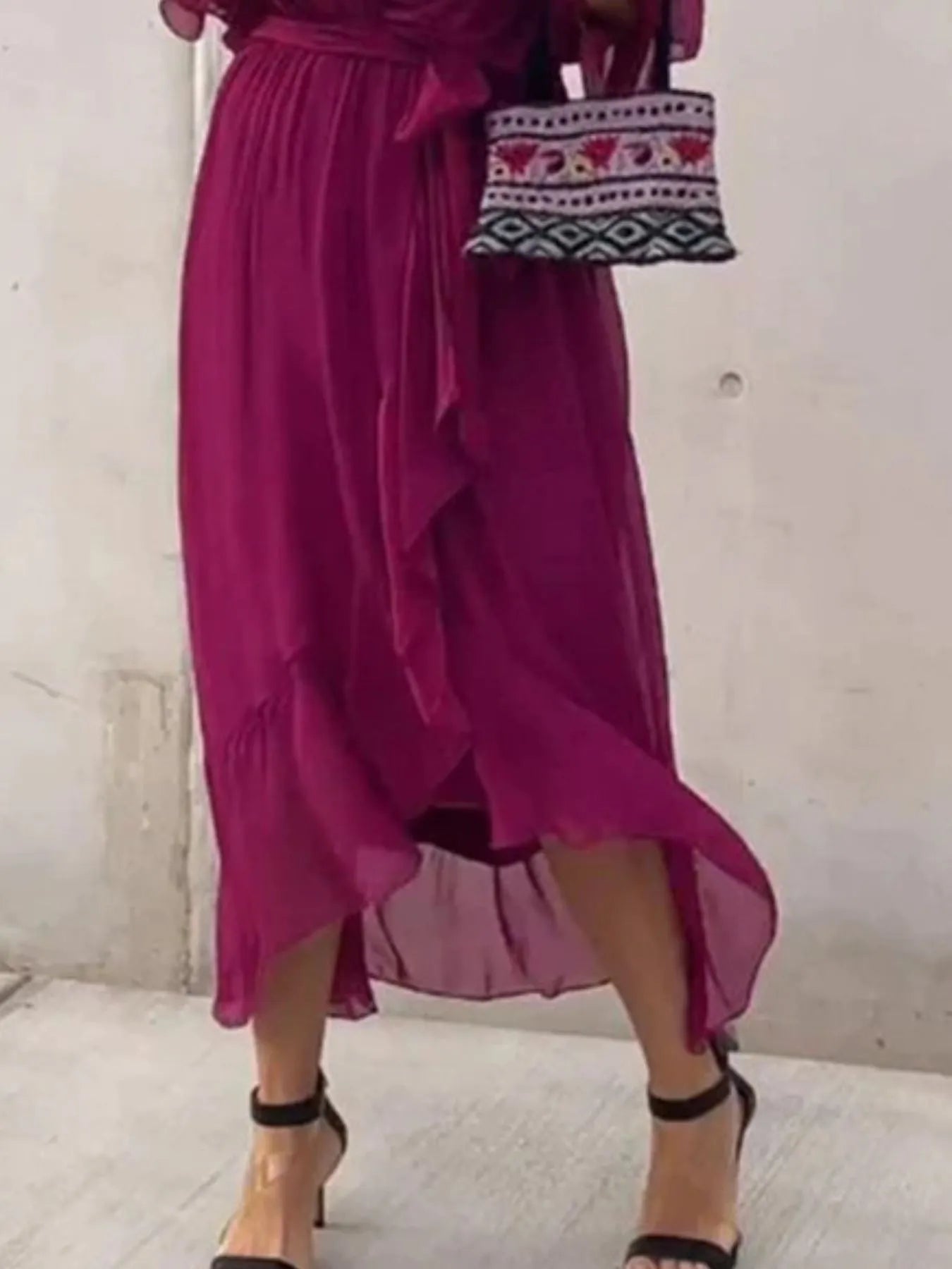 Flowy Tie Front Midi Dress with Flutter Sleeves